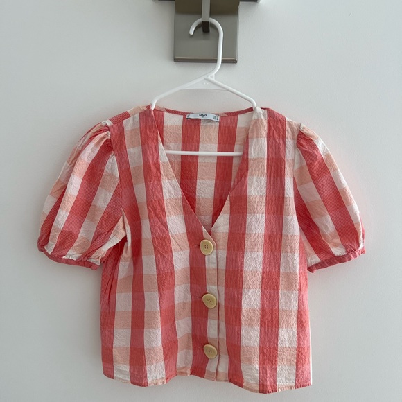 Mango Tops - Mango Pink and White Plaid Button Down Shirt